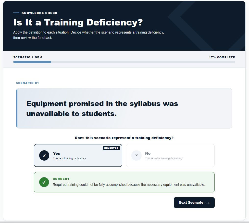Modernized scenario knowledge check with progress, large answer choices, a selected state, and immediate explanatory feedback.