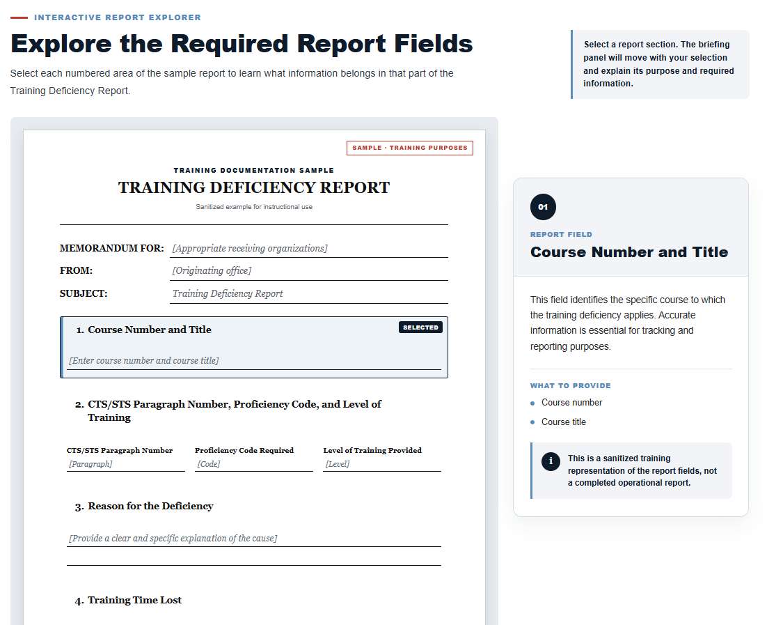 Modernized sanitized report explorer with numbered fields and a persistent contextual briefing panel.