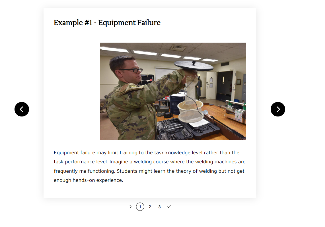 Original Rise carousel showing an equipment-failure example with military-specific photography and a paragraph of supporting text.