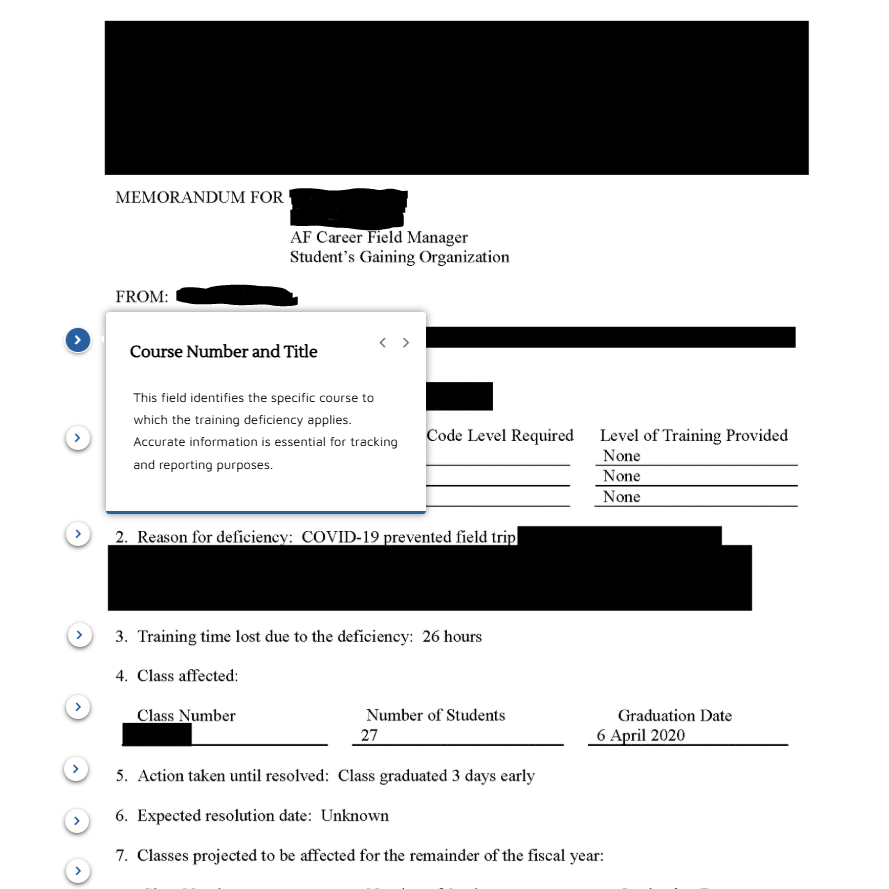 Original course interaction built over a heavily redacted operational training-deficiency document.