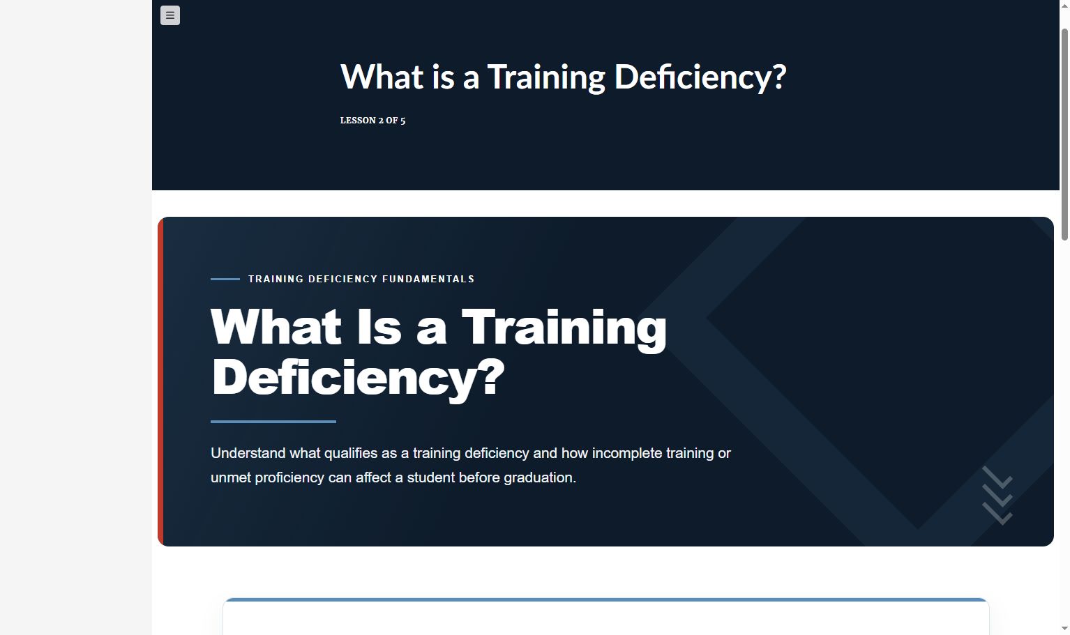 Modernized Articulate Rise lesson with a custom navy, red, and blue branded title panel.